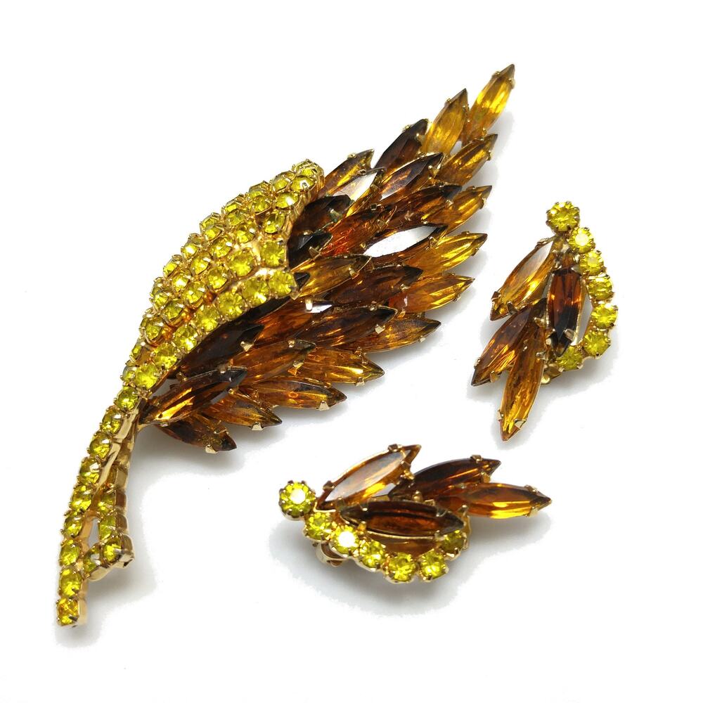 Vintage Yellow Topaz Rhinestone Brooch Earrings Floral Spray 1960s